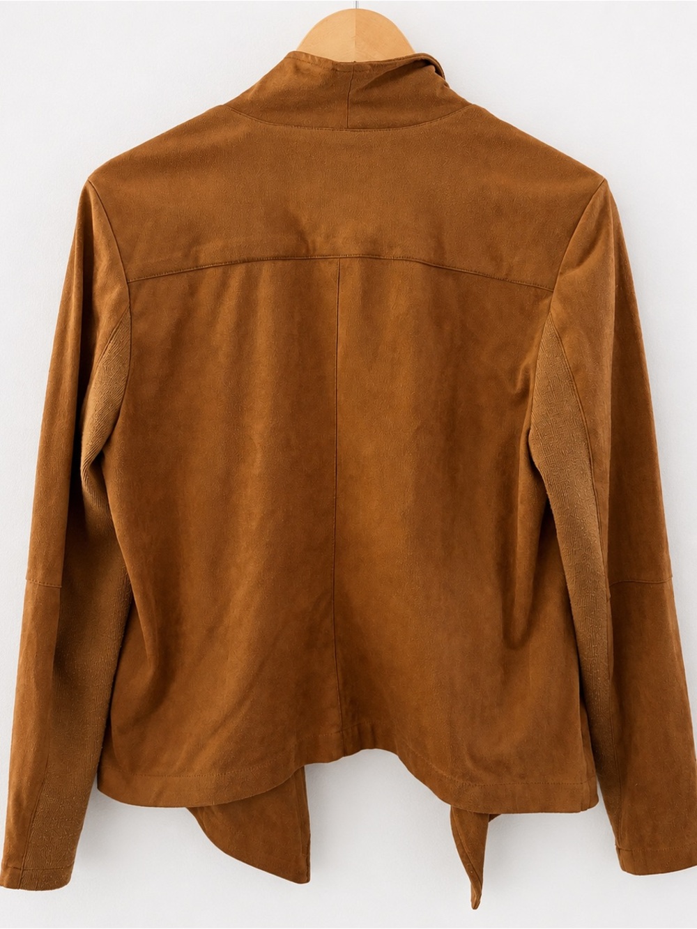 BB Dakota Faux Suede Drape Front Jacket Medium Cognac Open Front Stretch Knit - Picture 4 of 5